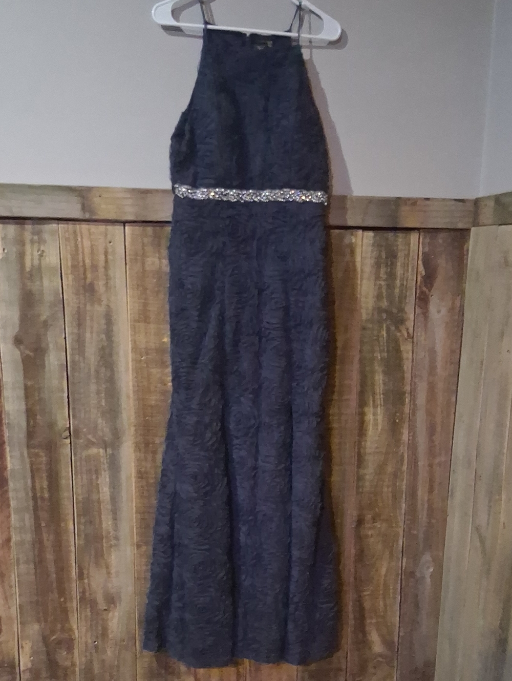 Trixxi Navy Blue Textured Halter  Dress with Beaded Waist